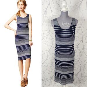 Maeve Navy Stripe Crinkle Stretch Round Neck Midi Dress